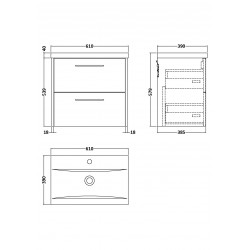 Juno White Ash 600mm Wall Hung 2 Drawer Vanity With Mid-Edge Ceramic Basin - Technical Drawing