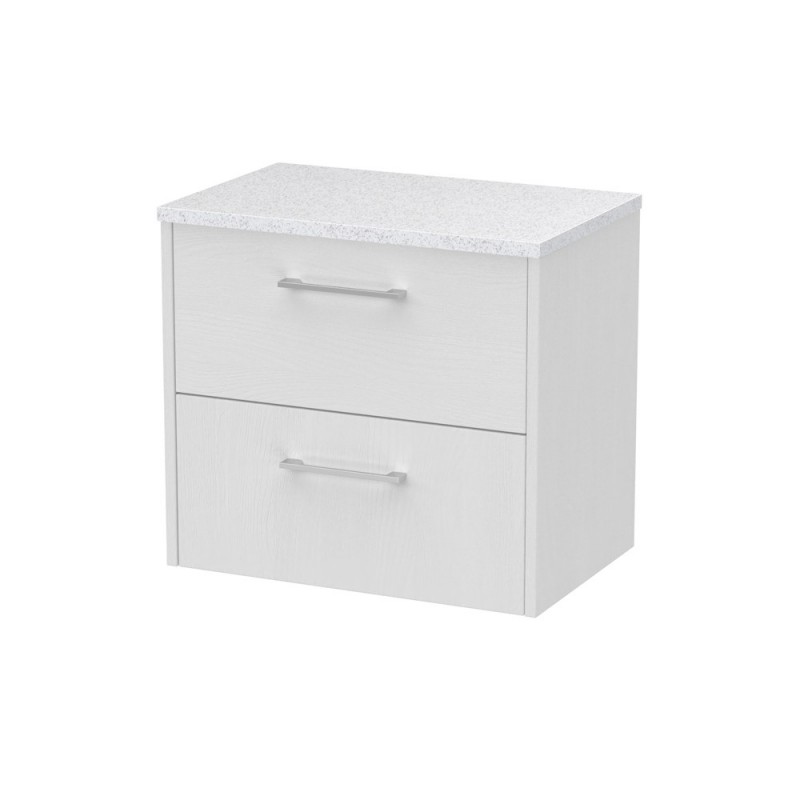 Juno White Ash 600mm Wall Hung 2 Drawer Vanity With White Sparkle Laminate Worktop - Main