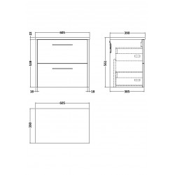 Juno White Ash 600mm Wall Hung 2 Drawer Vanity With White Sparkle Laminate Worktop - Technical Drawing