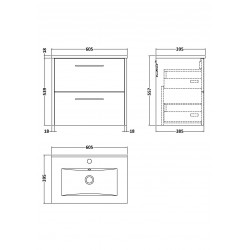 Juno Electric Blue 600mm Wall Hung 2 Drawer Vanity With Minimalist Ceramic Basin - Technical Drawing