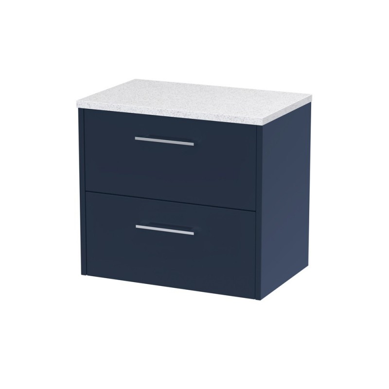Juno Electric Blue 600mm Wall Hung 2 Drawer Vanity With White Sparkle Laminate Worktop - Main