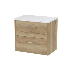 Juno Autumn Oak 600mm Wall Hung 2 Drawer Vanity With White Sparkle Laminate Worktop - Main