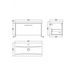 Juno White Ash 800mm Wall Hung Single Drawer Vanity With Mid-Edge Ceramic Basin - Technical Drawing