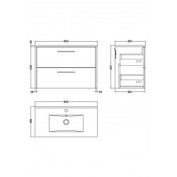 Juno White Ash 800mm Wall Hung 2 Drawer Vanity With Minimalist Ceramic Basin - Technical Drawing