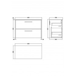 Juno White Ash 800mm Wall Hung 2 Drawer Vanity With Worktop - Technical Drawing