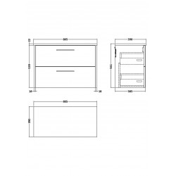 Juno White Ash 800mm Wall Hung 2 Drawer Vanity With Black Sparkle Laminate Worktop - Technical Drawing