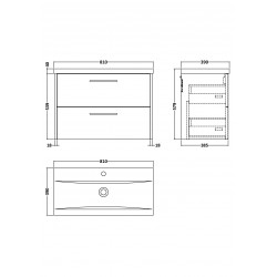 Juno Electric Blue 800mm Wall Hung 2 Drawer Vanity With Mid-Edge Ceramic Basin - Technical Drawing
