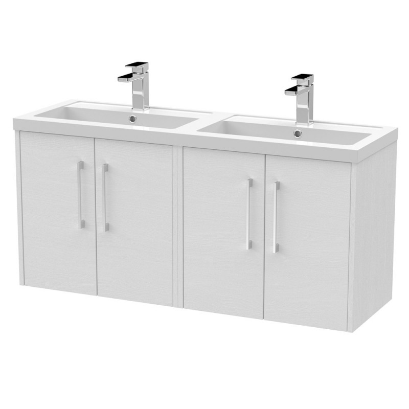 Juno White Ash 1200mm Wall Hung 4 Door Vanity With Double Polymarble Basin - Main