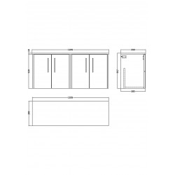 Juno White Ash 1200mm Wall Hung 4 Door Vanity With Worktop - Technical Drawing