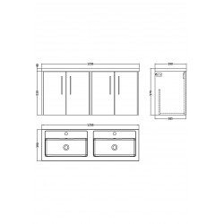 Juno Autumn Oak 1200mm Wall Hung 4 Door Vanity With Double Polymarble Basin - Technical Drawing