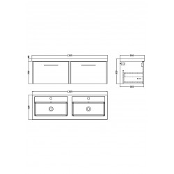 Juno White Ash 1200mm Wall Hung 2 Drawer Vanity With Double Polymarble Basin - Technical Drawing