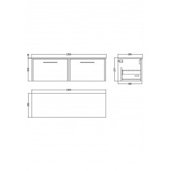Juno White Ash 1200mm Wall Hung 2 Drawer Vanity With Worktop - Technical Drawing