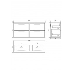 Juno White Ash 1200mm Wall Hung 4 Door Vanity With Double Ceramic Basin - Technical Drawing