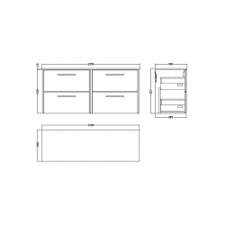 Juno White Ash 1200mm Wall Hung 4 Drawer Vanity With Worktop - Technical Drawing