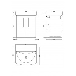 Juno White Ash 500mm Wall Hung 2 Door Vanity With Curved Ceramic Basin - Technical Drawing