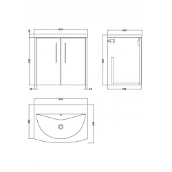 Juno White Ash 600mm Wall Hung 2 Door Vanity With Curved Ceramic Basin - Technical Drawing