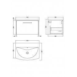 Juno White Ash 600mm Wall Hung Single Drawer Vanity With Curved Ceramic Basin - Technical Drawing