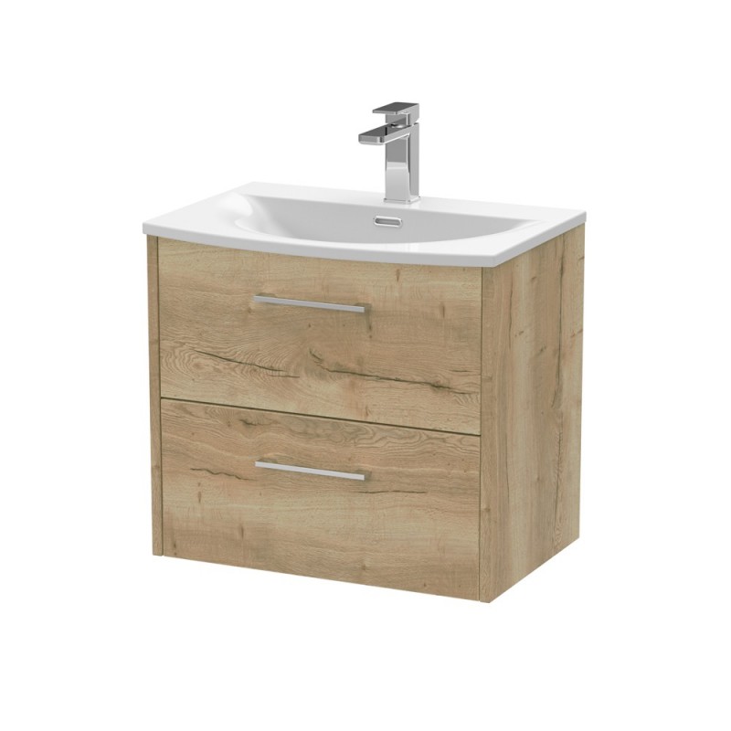 Juno Autumn Oak 600mm Wall Hung 2 Drawer Vanity With Curved Ceramic Basin - Main