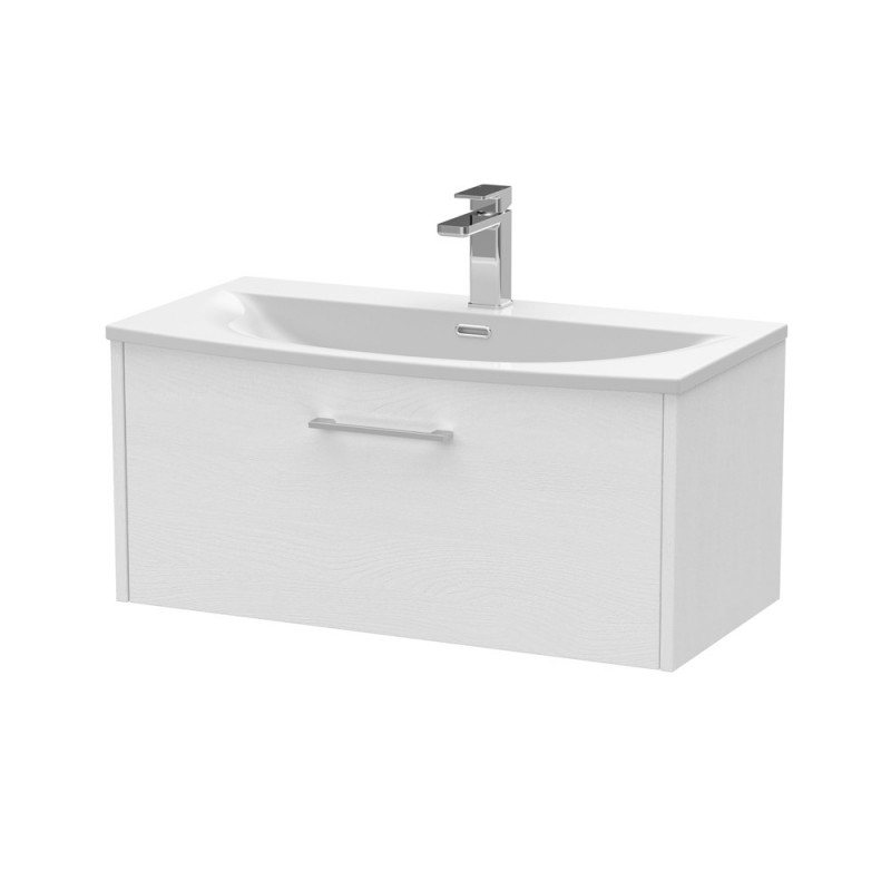 Juno White Ash 800mm Wall Hung Single Drawer Vanity With Curved Ceramic Basin - Main