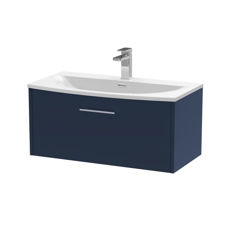 Juno Electric Blue 800mm Wall Hung Single Drawer Vanity With Curved Ceramic Basin - Main