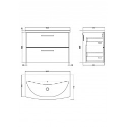 Juno Electric Blue 800mm Wall Hung 2 Drawer Vanity With Curved Ceramic Basin - Technical Drawing
