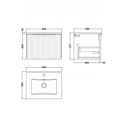Fluted Satin White 500mm Wall Hung Single Drawer Vanity & Minimalist Ceramic Basin - Technical Drawing