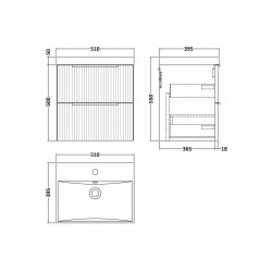 Fluted Satin Anthracite 500mm Wall Hung 2 Drawer Vanity & Thin-Edge Ceramic Basin - Technical Drawing