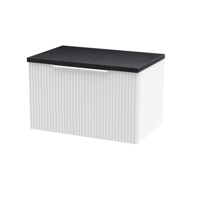 Fluted Satin White 600mm Wall Hung Single Drawer Vanity & Black Sparkle Laminate Worktop - Main
