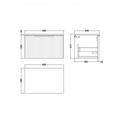 Fluted Satin Blue 600mm Wall Hung Single Drawer Vanity & Worktop - Technical Drawing
