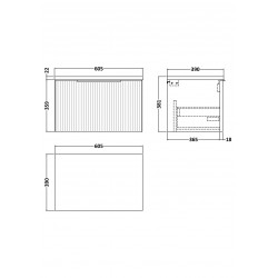 Fluted Satin Blue 600mm Wall Hung Single Drawer Vanity & White Sparkle Laminate Worktop - Technical Drawing