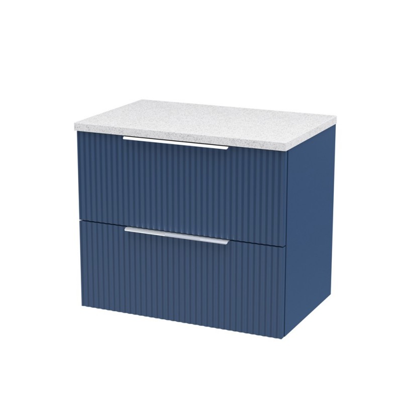 Fluted Satin Blue 600mm Wall Hung 2 Drawer Vanity & White Sparkle Laminate Worktop - Main
