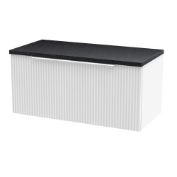 Fluted Satin White 800mm Wall Hung Single Drawer Vanity & Black Sparkle Laminate Worktop - Main