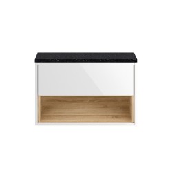 Coast Gloss White /Natural Oak Wall Hung 800mm Cabinet & Sparkling Black Worktop - Main
