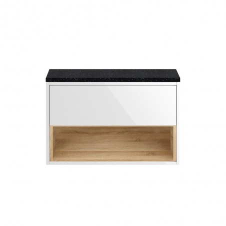 Coast Gloss White /Natural Oak Wall Hung 800mm Cabinet & Sparkling Black Worktop - Main