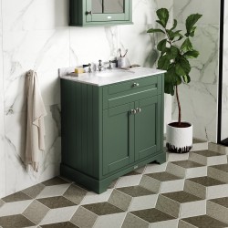 Old London 750mm 3 Door Angled Unit & Marble Top 1 Tap Hole - Hunter Green