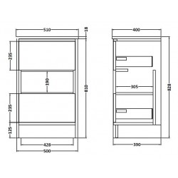 Coast White Gloss 500mm Floor Standing 2 Drawer Vanity Unit with 18mm Profile Basin - Technical Drawing