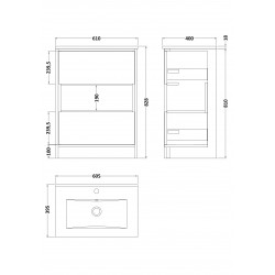 Coast White Gloss 600mm Floor Standing 2 Drawer Vanity Unit with 18mm Profile Basin - Technical Drawing