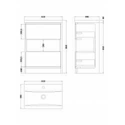 Coast White Gloss 600mm Floor Standing 2 Drawer Vanity Unit with 40mm Profile Basin - Technical Drawing