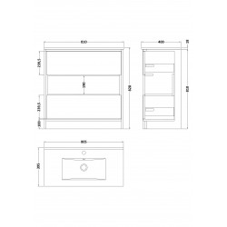 Coast White Gloss 800mm Floor Standing 2 Drawer Vanity Unit with 18mm Profile Basin - Technical Drawing