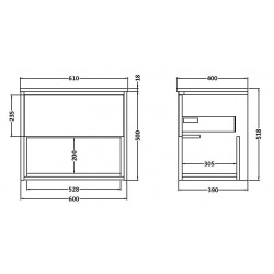 Coast White Gloss 600mm Wall Hung Single Drawer Vanity Unit with 18mm Profile Basin - Technical Drawing