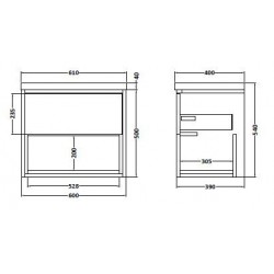 Coast White Gloss 600mm Wall Hung Single Drawer Vanity Unit with 40mm Profile Basin - Technical Drawing