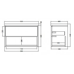 Coast White Gloss 800mm Wall Hung Single Drawer Vanity Unit with 40mm Profile Basin - Technical Drawing