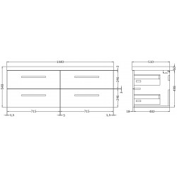 Natural Oak Wall Hung 1400mm 4 Drawer Vanity Unit and Basin - Technical Drawing