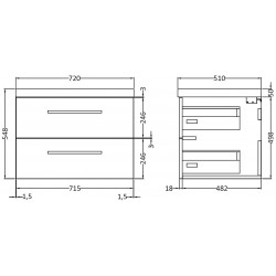 Natural Oak Wall Hung 718mm 2 Drawer Vanity Unit and Basin - Technical Drawing