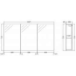 Gloss White 1347mm 3 Door Mirror Unit - Technical Drawing