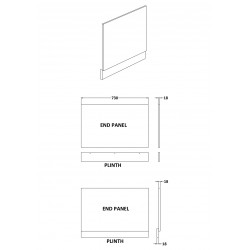 Gloss White 750mm Bath End Panel with Plinth - Technical Drawing