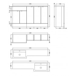 Driftwood 1500mm Full Depth Combination Vanity, Toilet and Storage Unit with Left Hand Basin - Technical Drawing