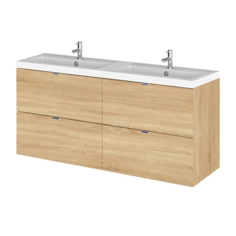 Natural Oak 1200mm Wall Hung Full Depth 4 Drawer Vanity Unit with Double Basin - Main