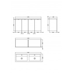 Natural Oak 1200mm Wall Hung Full Depth 4 Door Vanity Unit with Double Basin - Technical Drawing