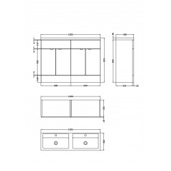 Natural Oak 1200mm Full Depth 4 Door Vanity Unit with Double Basin - Technical Drawing